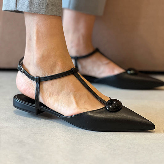 Elegant Leather Ankle - Strap Pointed Flats