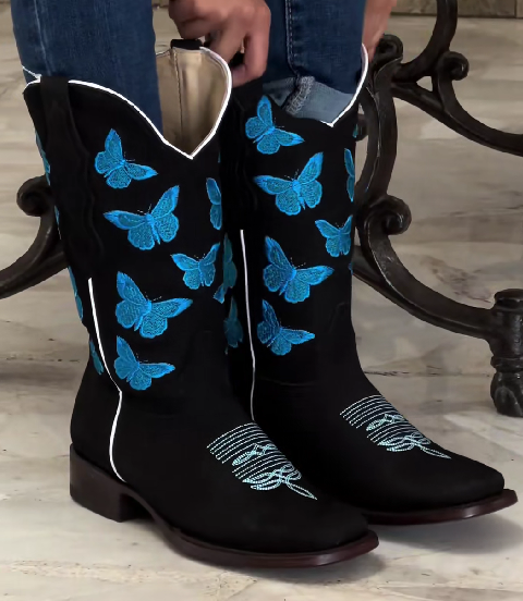 Butterfly Embroidered Western Cowboy Boots