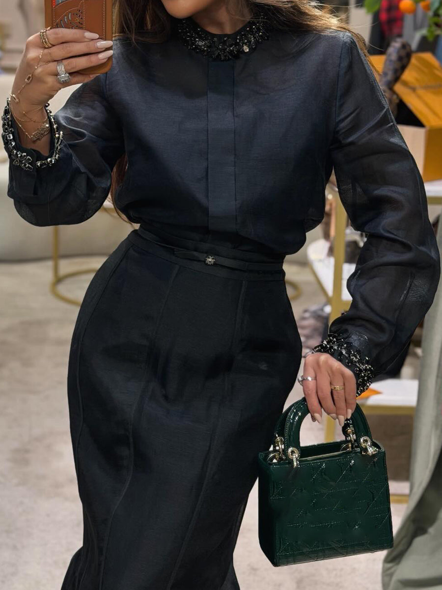 Black Sheer Textured High Neck Blouse