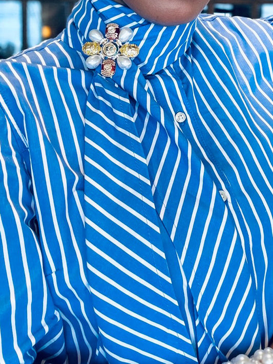 Tie Neck Puff Sleeves Striped Print Blouse