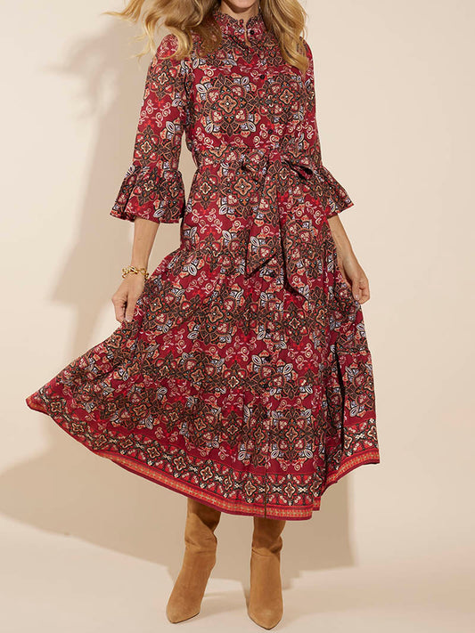 Printed Flared Sleeve Belted Dress