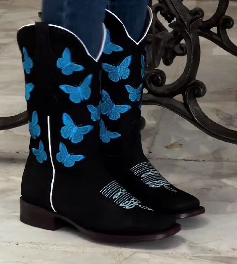 Butterfly Embroidered Western Cowboy Boots