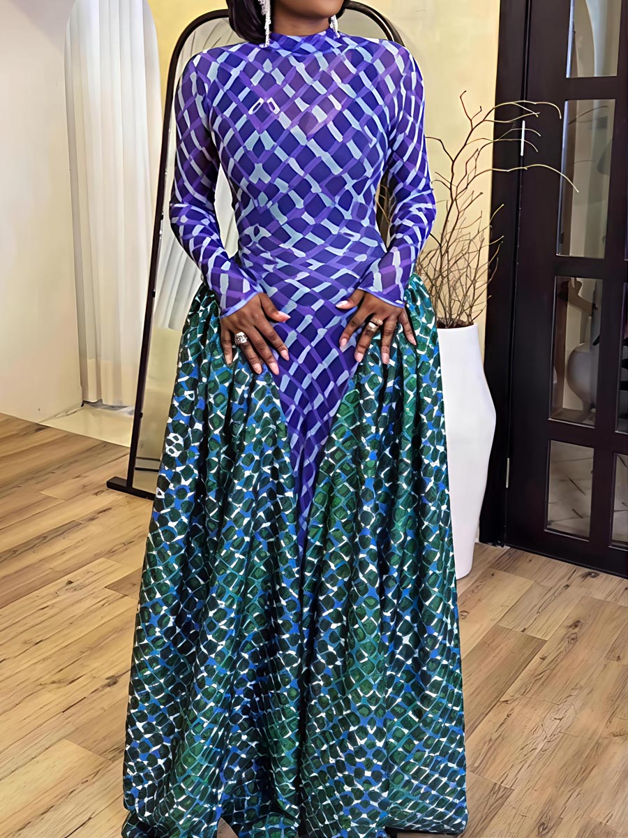 Printed Long Sleeve Patchwork Maxi Dress