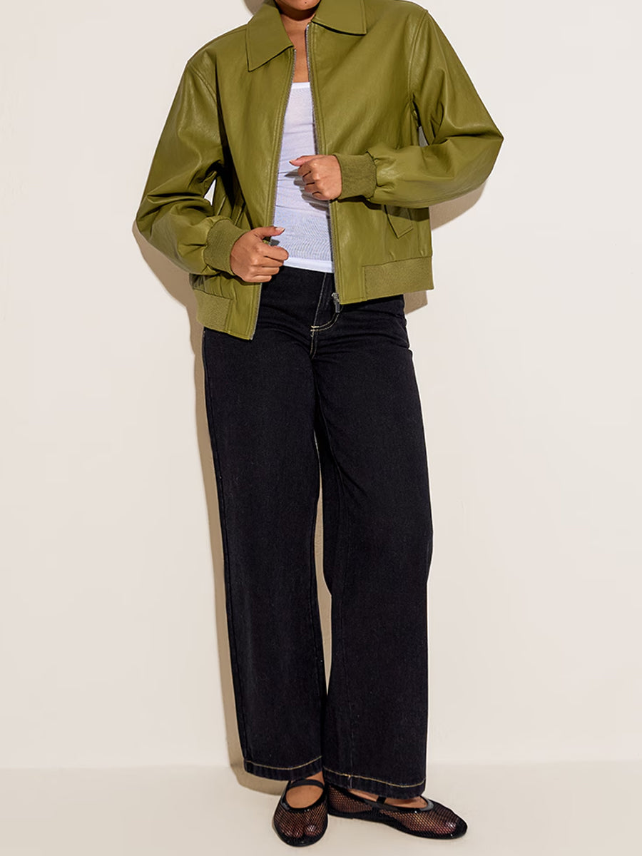 Faux Leather Ribbed Cuffs Bomber Jacket