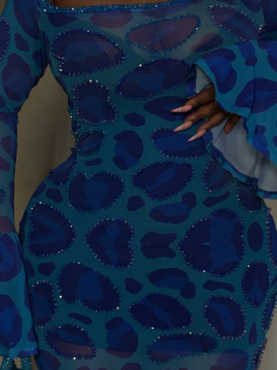 Shinny Printed Flare Sleeve Cut-out Maxi Dress