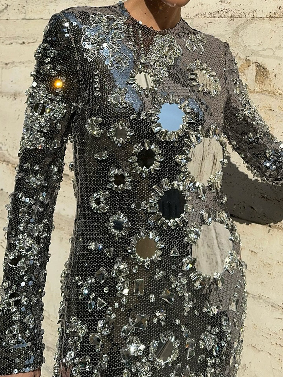 Sequined Round Neck Long Sleeve Straight Dress