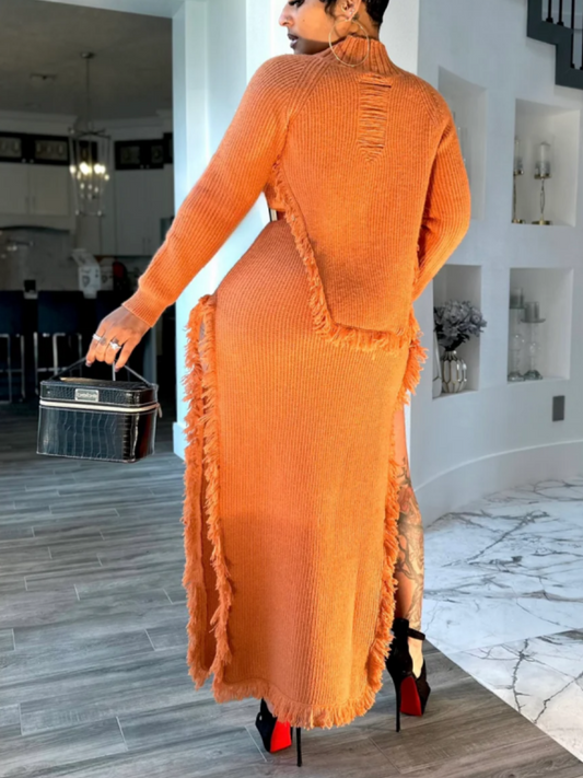 Stretch Knit Side High Split Skirt Set