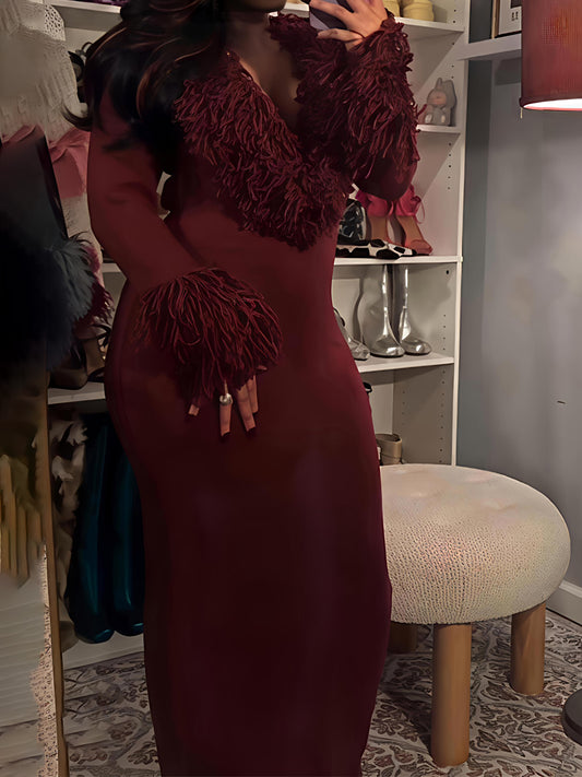 Deep V-Neck Faux Fur Trim Sweater Maxi Dress
