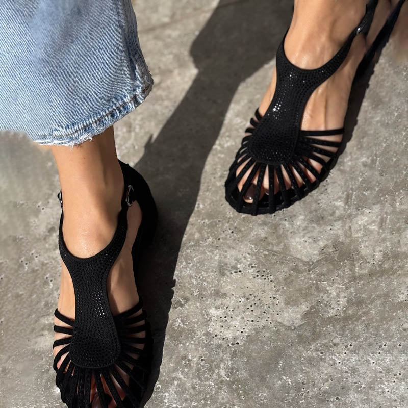 Rhinestone Sparkle Round-toe Cut-out Flat Sandals