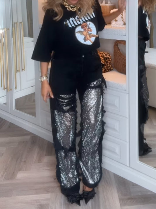 High Waist Dressed Raking Mesh Stitching Straight Pants