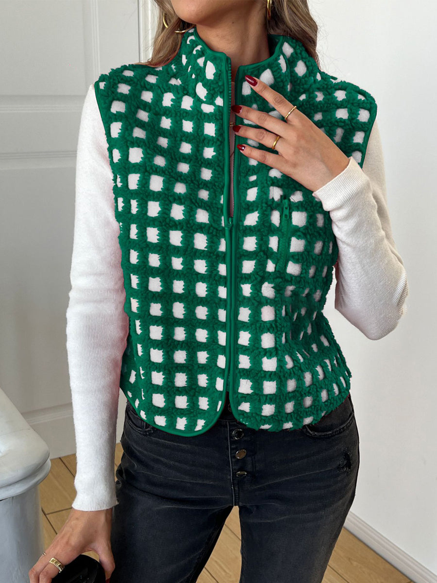 Plush Plaid Stand-collar Sleeveless Vest