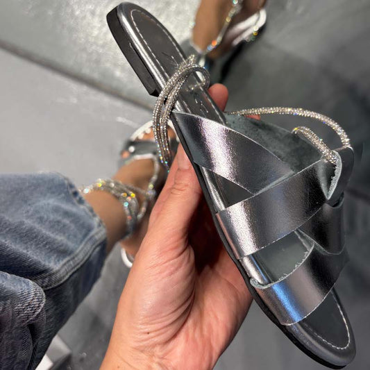 Shinny Woven Strap Flat Slippers