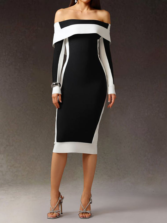 Off Shoulder Color Block Midi Dress