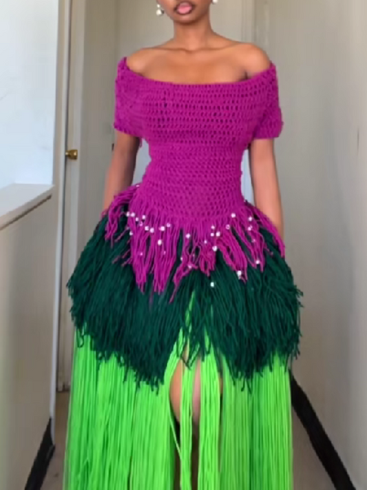 Knit Fringed Beaded Dress