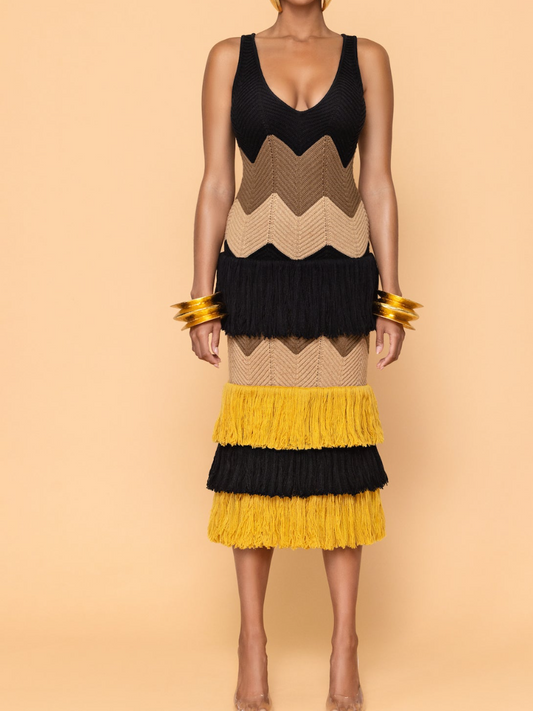 Dark V Contrast Knit Laminated Fringe Dress