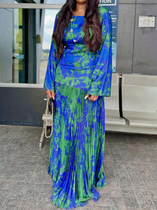 Elegant Printed Open-Back Pleated Maxi Dress