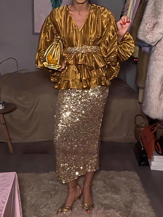 Elegant Puff Sleeve V-Neck Ruffled Top & Sequin Skirt