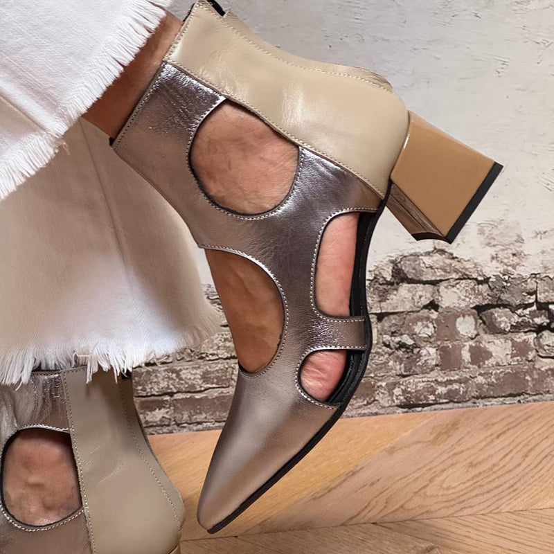 Pointed Block Heel Cutout Ankle Boots