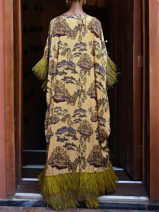 Fringed Hem Wide Sleeves Printed Maxi Dress