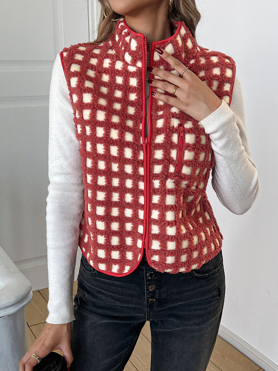 Plush Plaid Stand-collar Sleeveless Vest