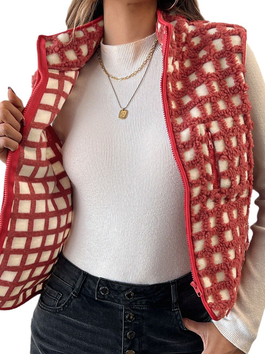 Plush Plaid Stand-collar Sleeveless Vest