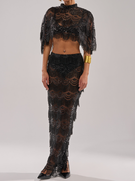 See-through Mesh Stitching Bead And Laminated Tassel Skirt Set