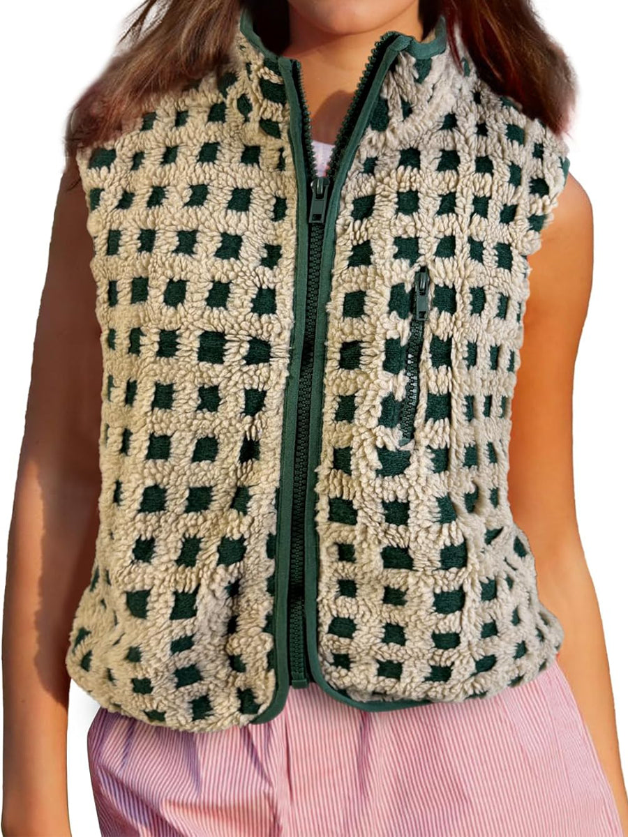 Plush Plaid Stand-collar Sleeveless Vest