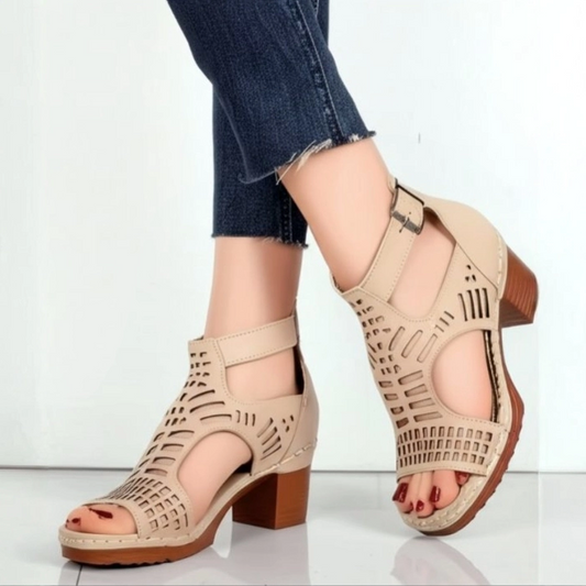 Beige Perforated Ankle Strap Block Heel Sandals