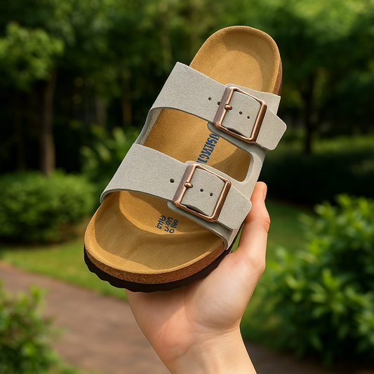 Dual - Strap Suede Slide Sandals With Rose Gold Buckles