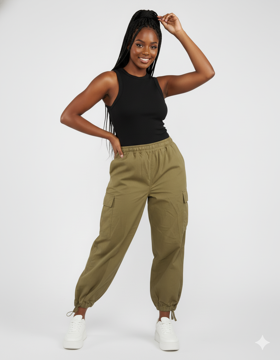 Khaki Cargo Pants With Drawstring Hem
