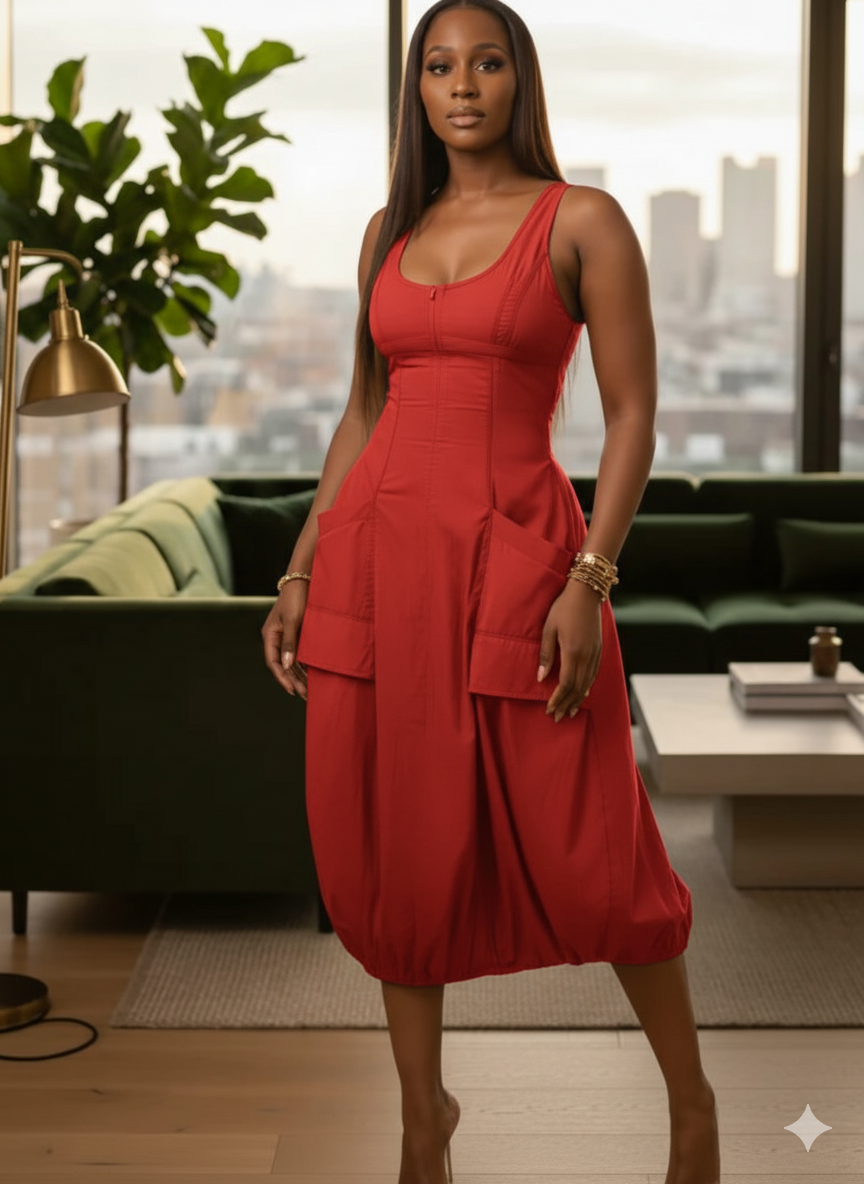 Olive Bubble Hem Midi Dress
