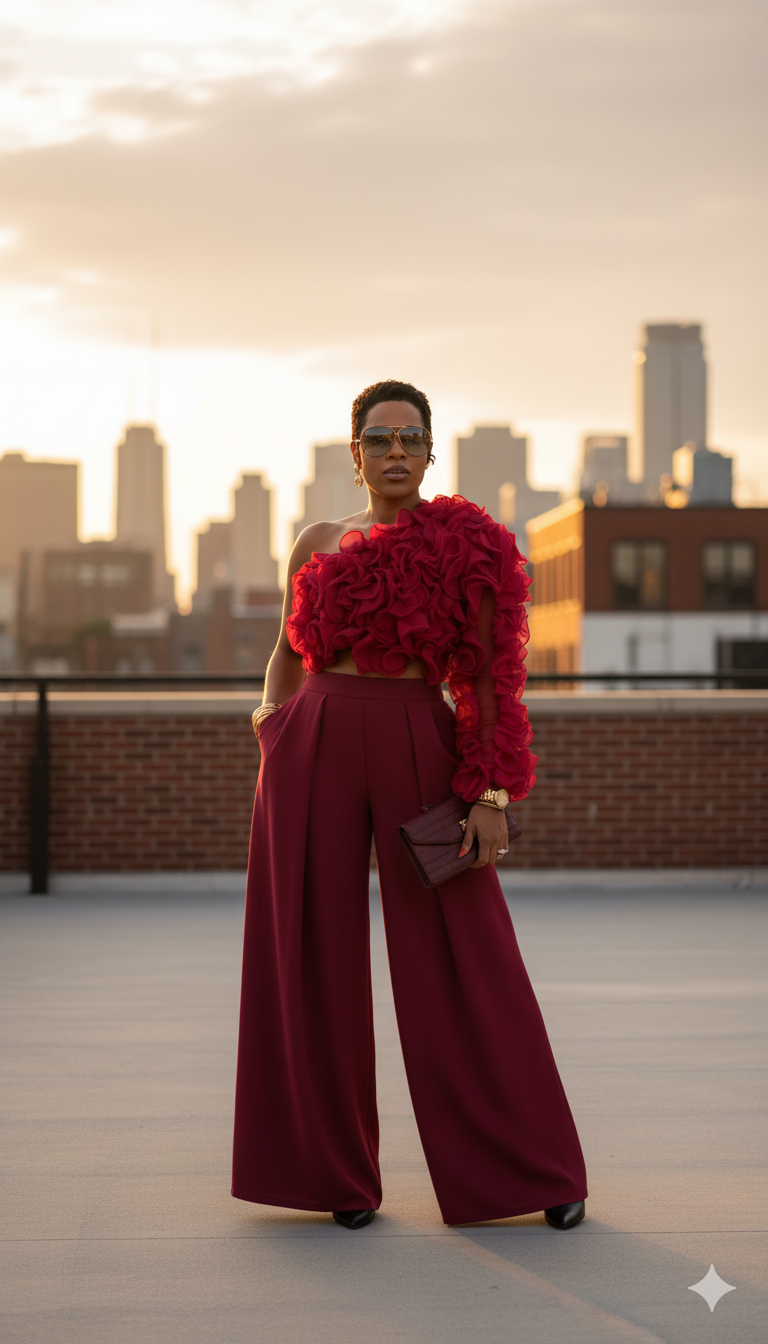 Magenta Ruffled One - Shoulder Set