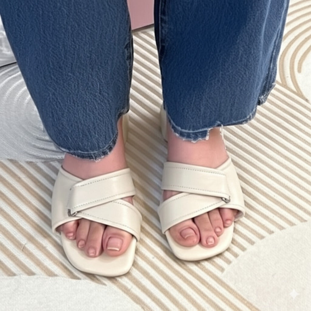 Beige Cross - Strap Square - Toe Slide Sandals