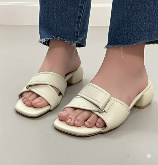 Beige Cross - Strap Square - Toe Slide Sandals
