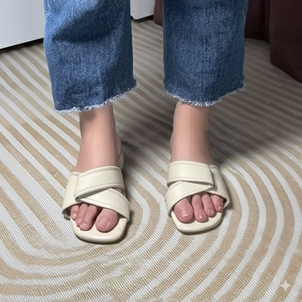 Beige Cross - Strap Square - Toe Slide Sandals