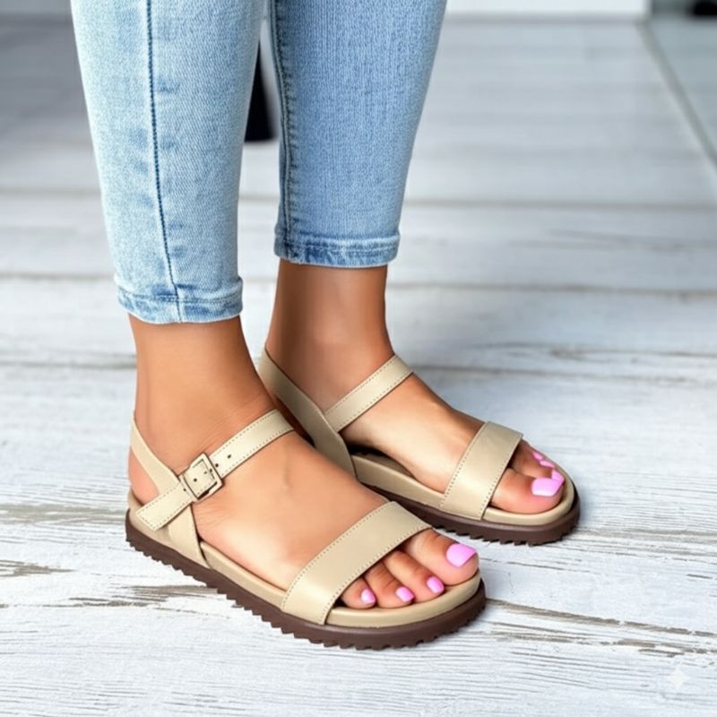 Beige Double - Strap Block Heel Sandals