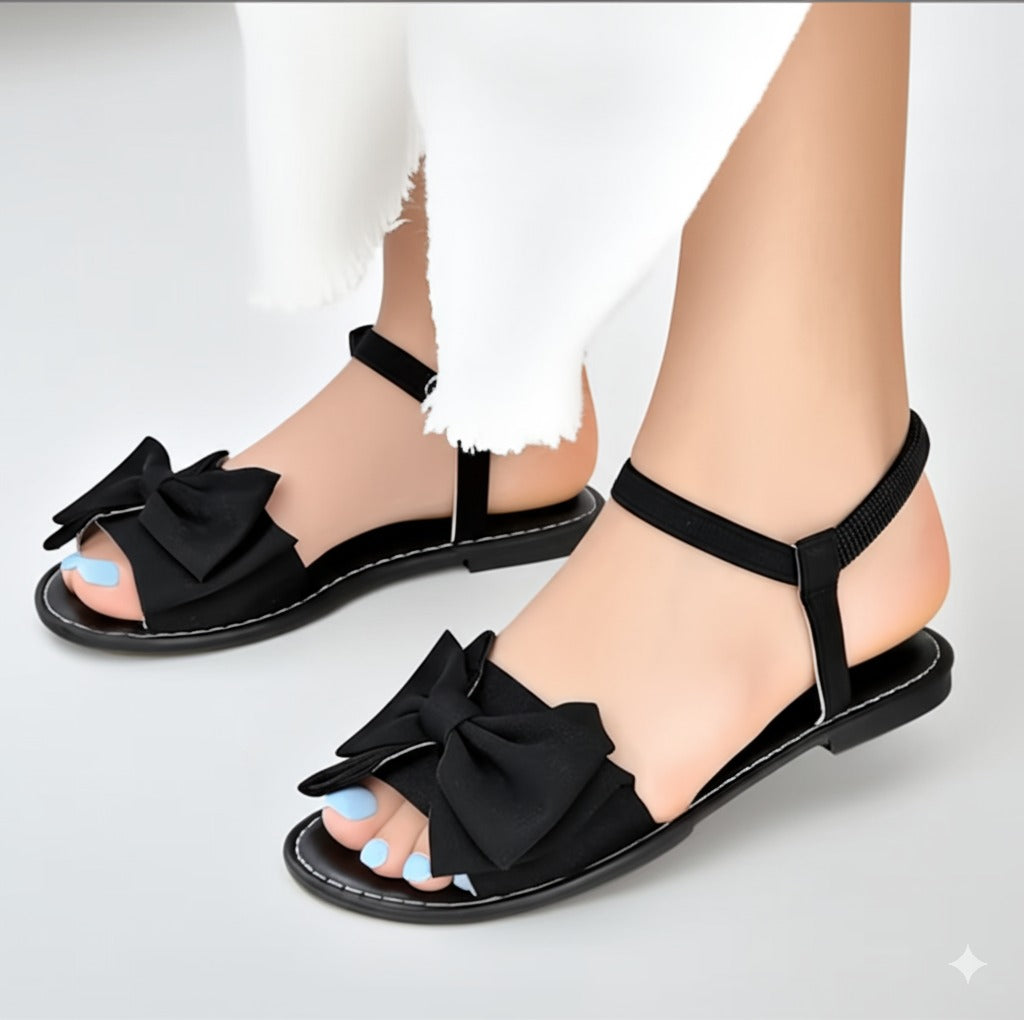 Black Bow - Embellished Ankle - Strap Sandals