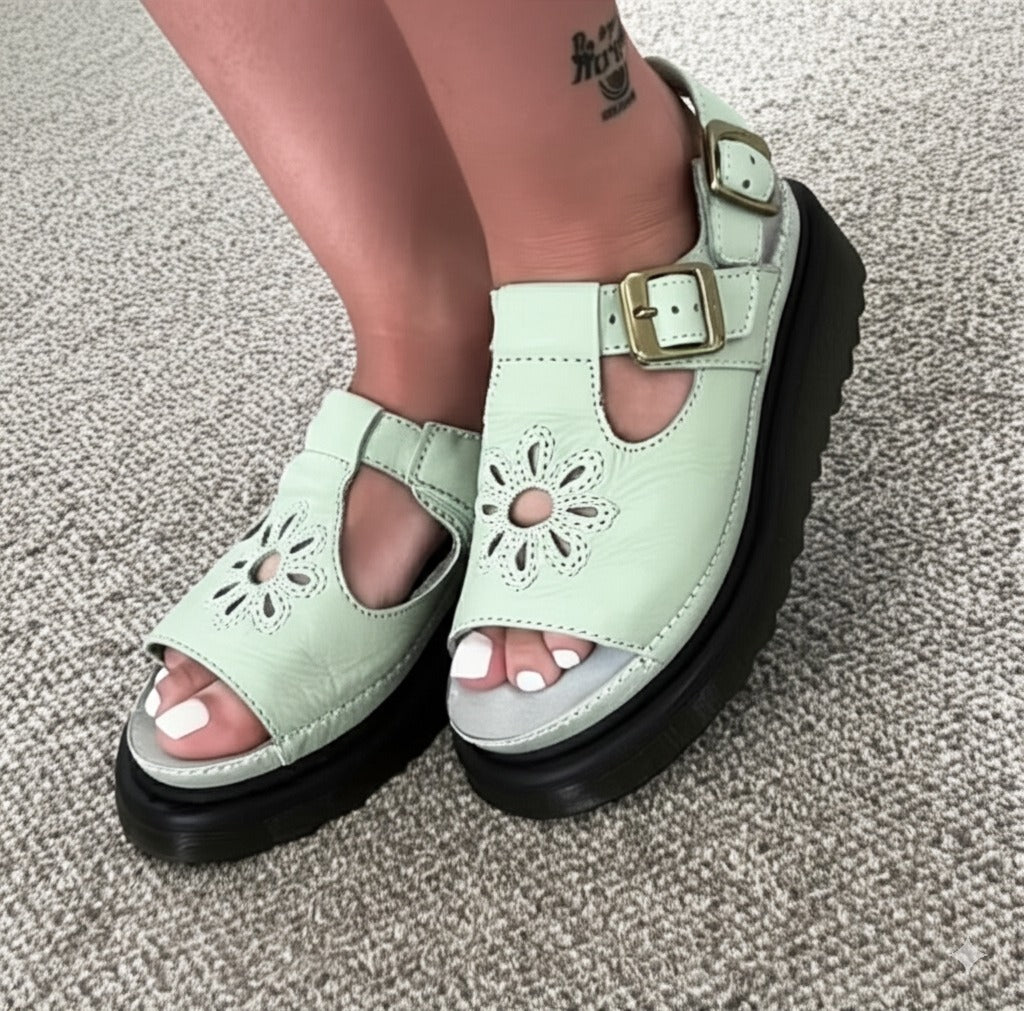Floral - Cutout Light Green Platform Sandals