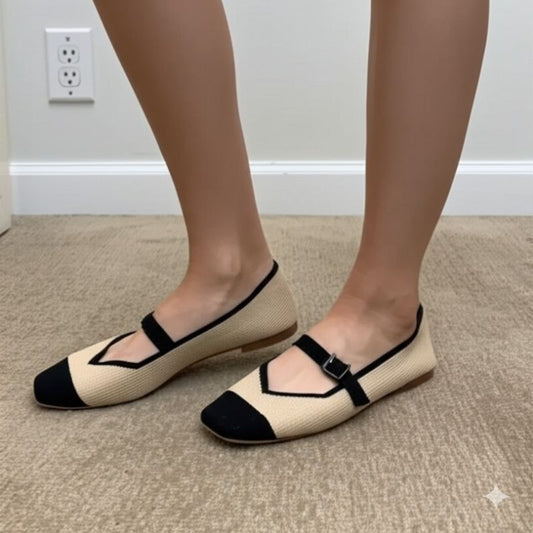 Beige and Black Mary Jane Flats