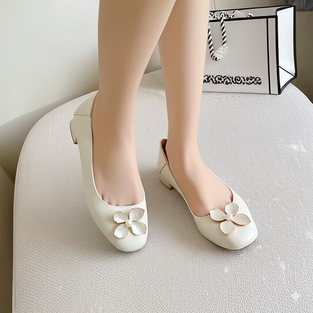 Beige Flower Embellished Soft Sole Flats