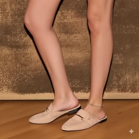 Beige Buckle Embellished Mule Flats