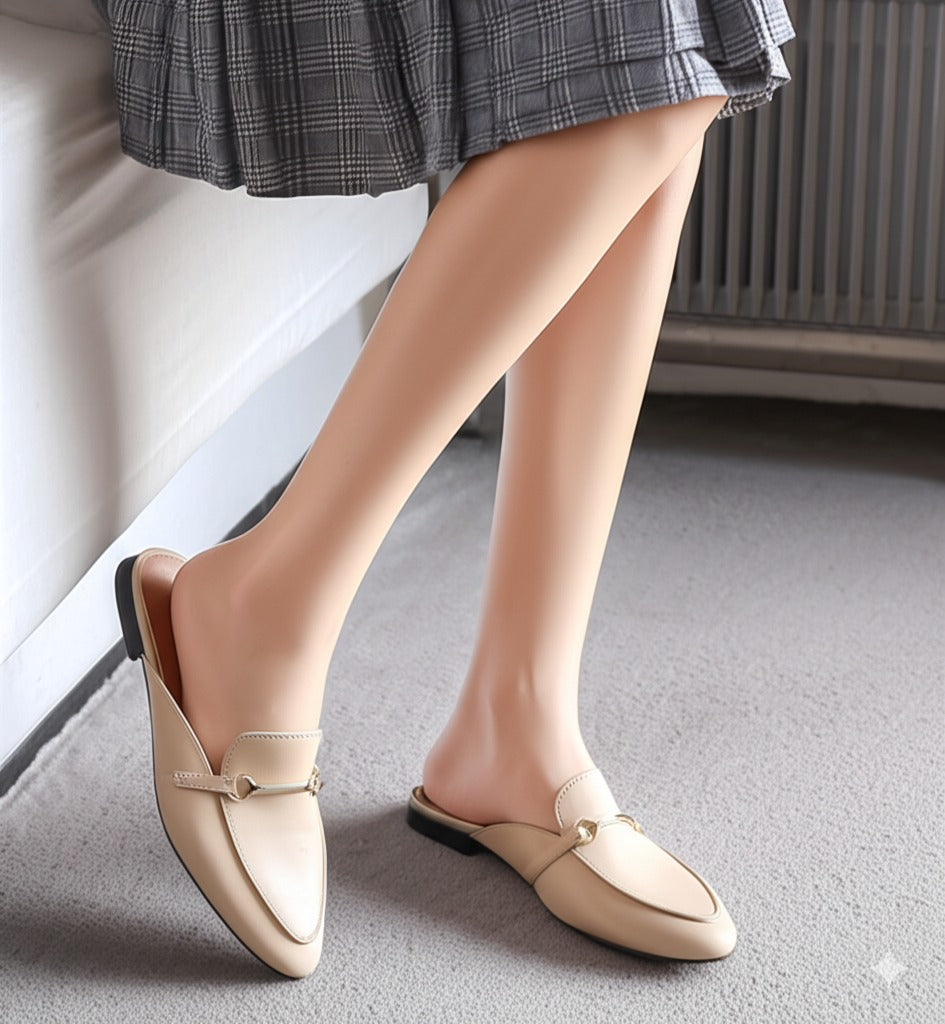 Beige Buckle Embellished Mule Flats