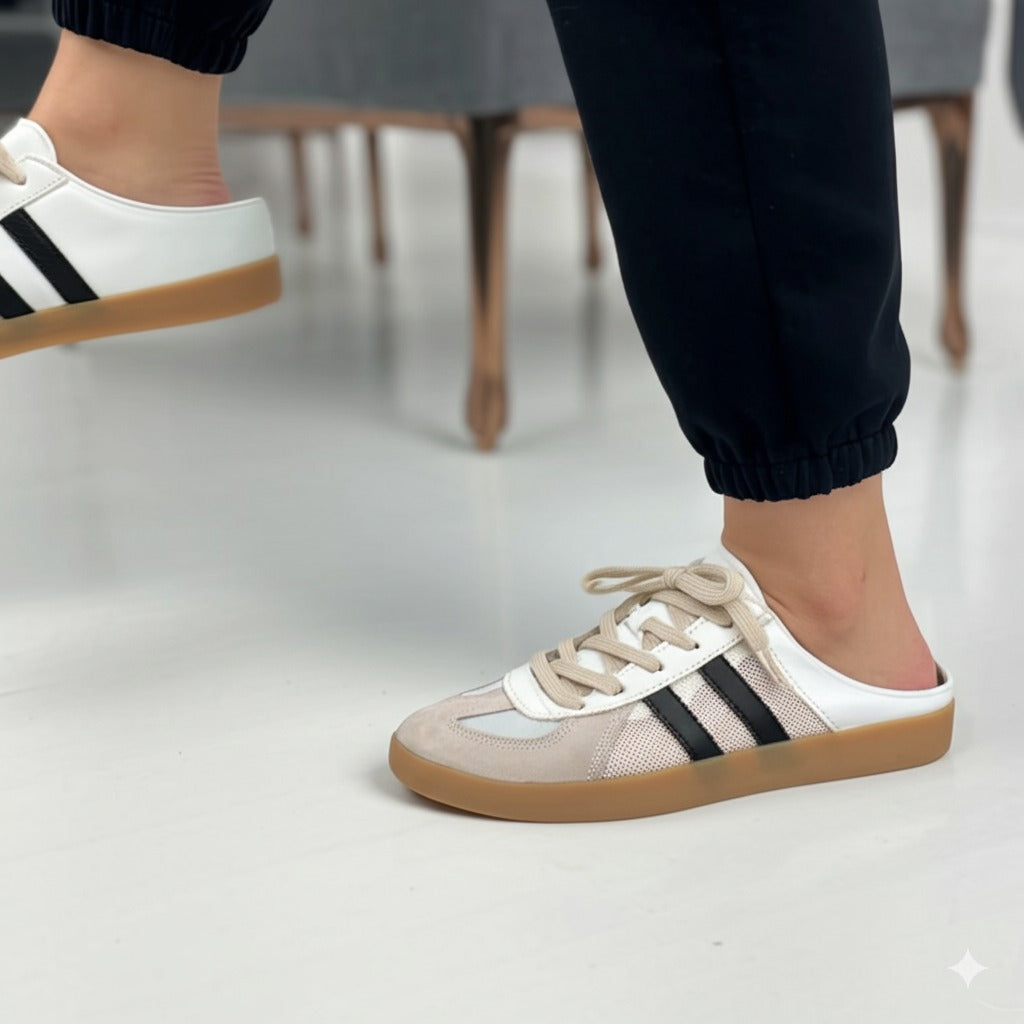Beige and Black Striped Slip - on Sneakers