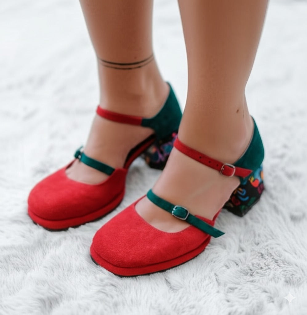 Color - Blocked Floral Heel Mary Janes