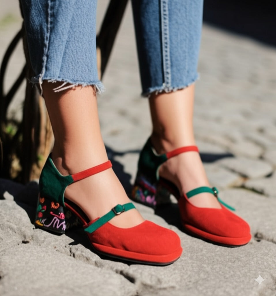 Color - Blocked Floral Heel Mary Janes