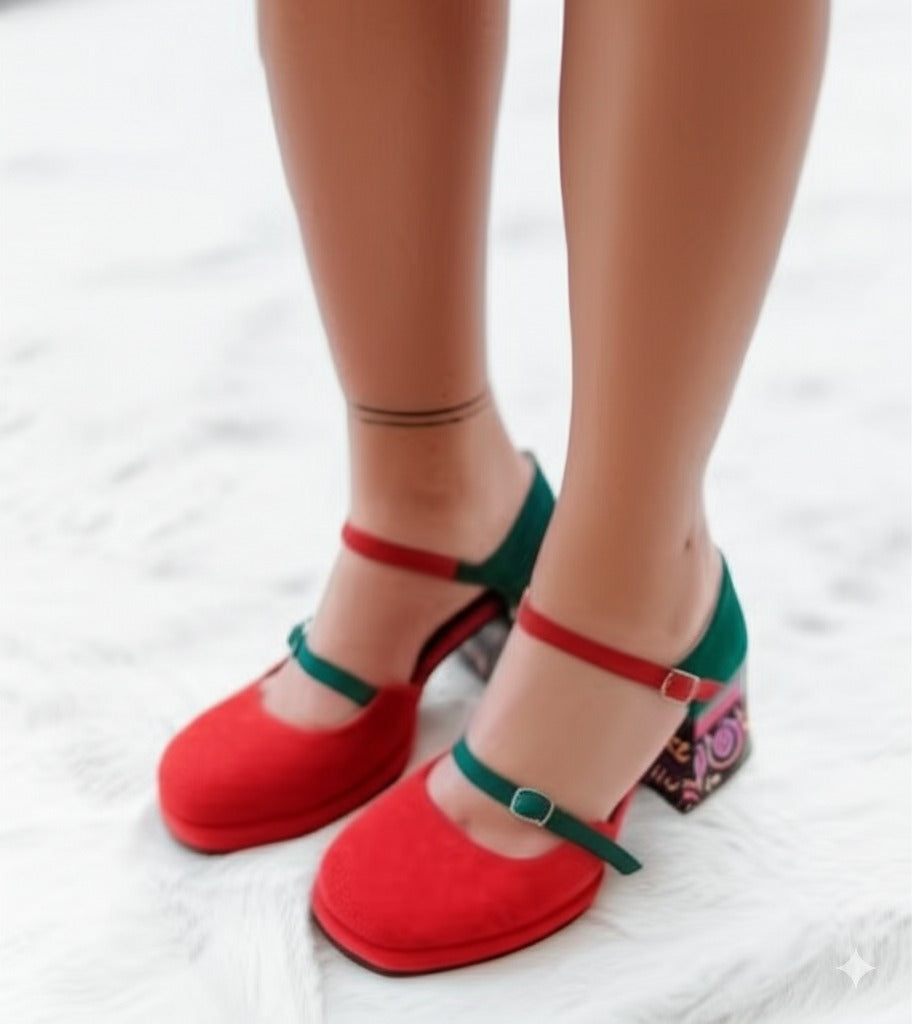 Color - Blocked Floral Heel Mary Janes