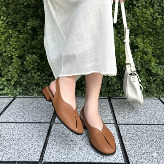 Tan Leather Square - Toe Slingback Flats