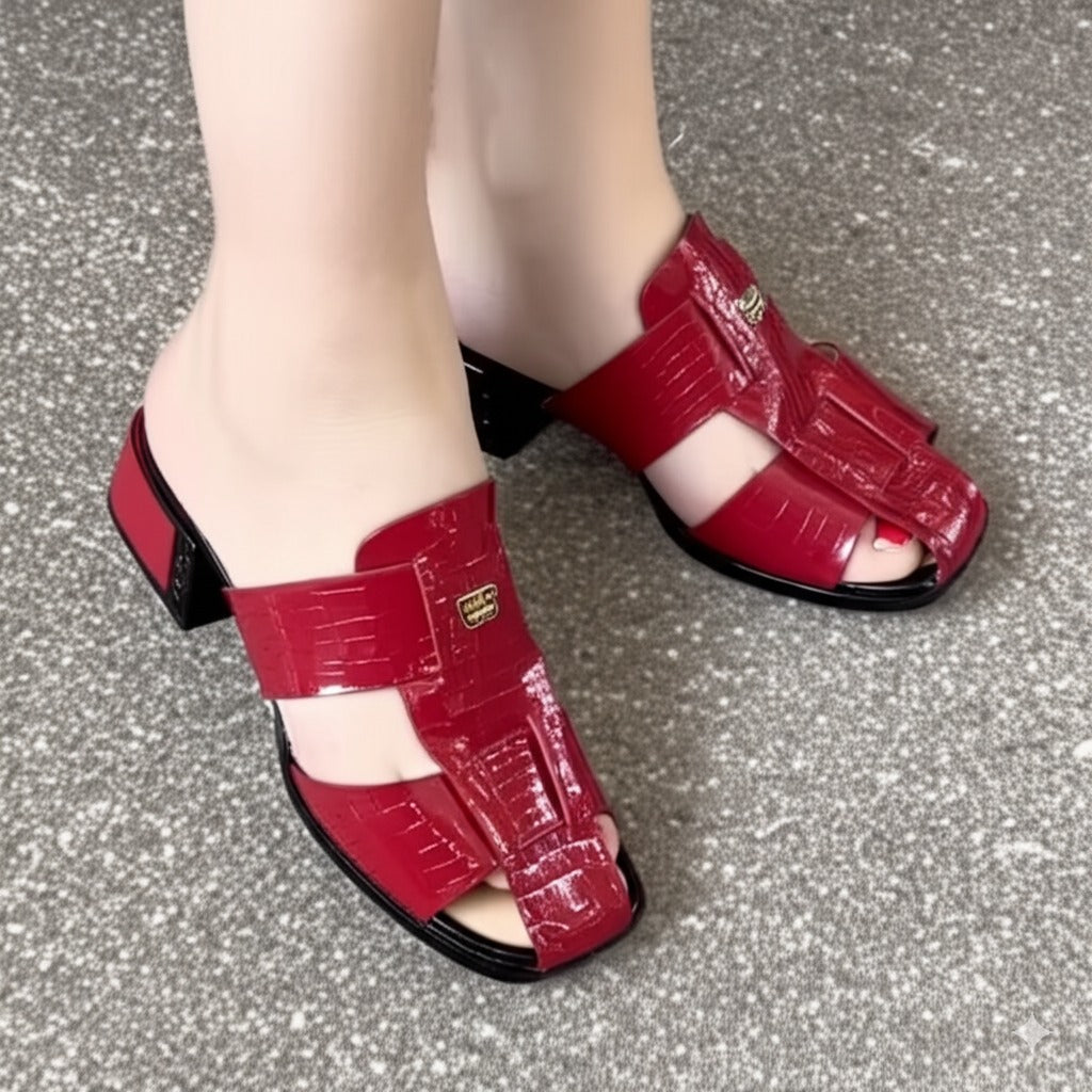 Red Patent Leather Block Heel Mules
