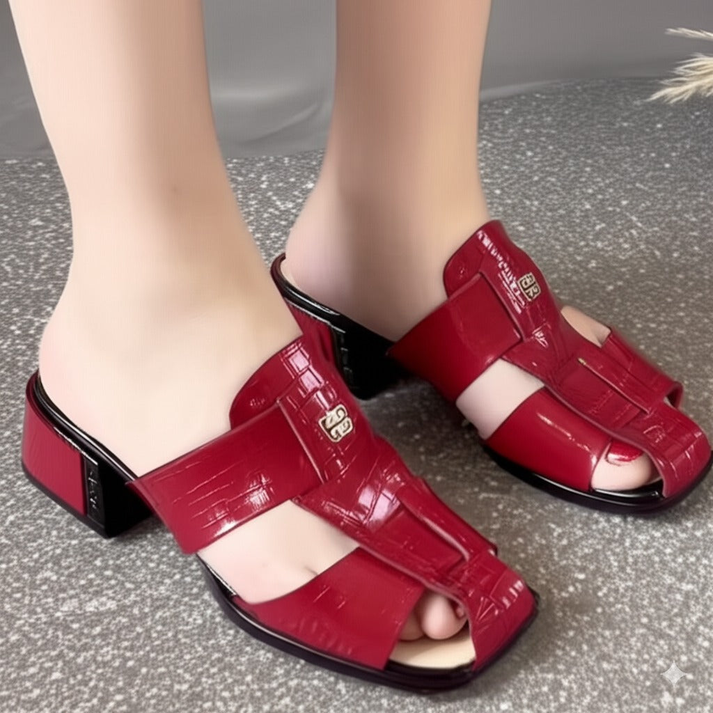 Red Patent Leather Block Heel Mules