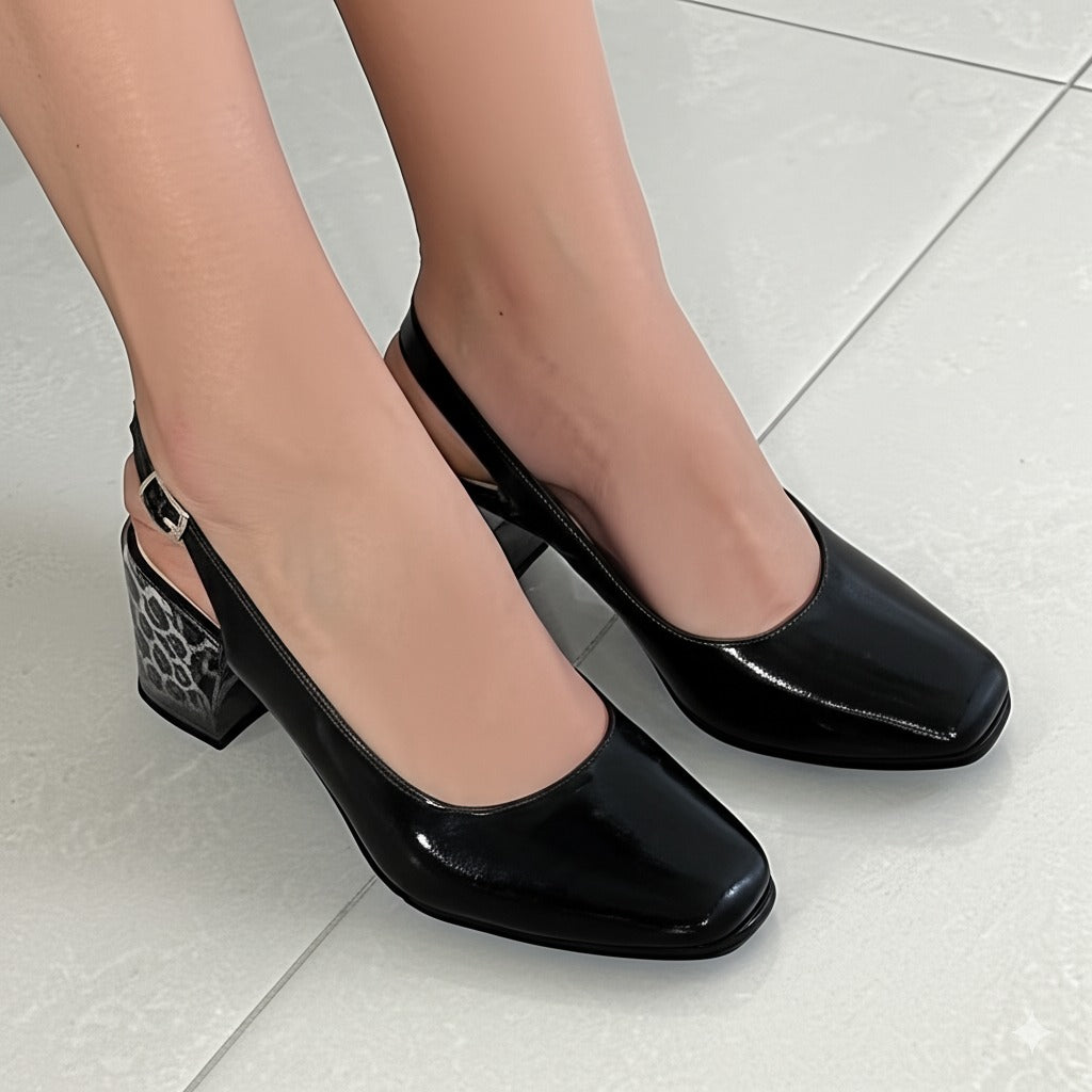 Patent Leather Slingback Block Heels with Leopard Print Heel